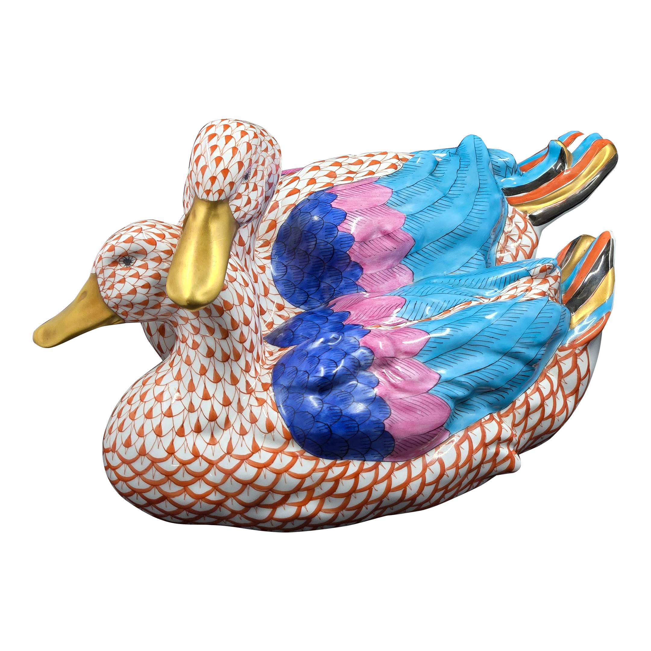 1990s Herend Fishnet Porcelain Pair of Wild Ducks Figurine 5035 in
