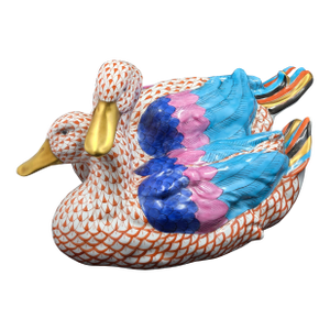 1990s Herend Fishnet Porcelain Pair of Wild Ducks Figurine 5035 in Rust, Size Medium