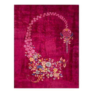 1920s Red Raspebery Unique Floral Antique Chinese Art Deco Rug 8' 10" X 11' 6" Handknotted Wool Carpet For Sale