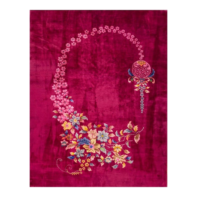 1920s Red Raspebery Unique Floral Antique Chinese Art Deco Rug 8' 10" X 11' 6" Handknotted Wool Carpet For Sale