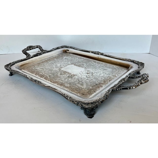 Metal Vintage Wm Rogers Etched Silver Double Handle Footed Serving Tray For Sale - Image 7 of 17