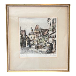 Early 20th Century Signed Original Handcolored Etching of Rothenburg on the Tauber by Paul Geissler For Sale