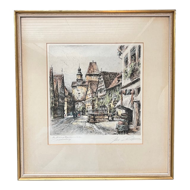 Early 20th Century Signed Original Handcolored Etching of Rothenburg on the Tauber by Paul Geissler For Sale