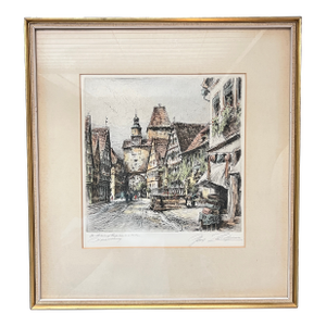 Early 20th Century Signed Original Handcolored Etching of Rothenburg on the Tauber by Paul Geissler