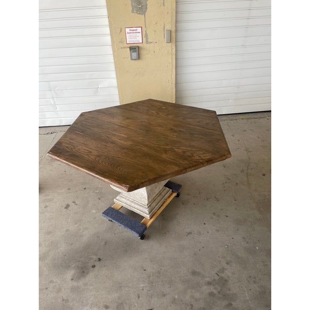 Wood French Distressed Hexagonal Dining Table With Cast Pedestal For Sale - Image 7 of 8