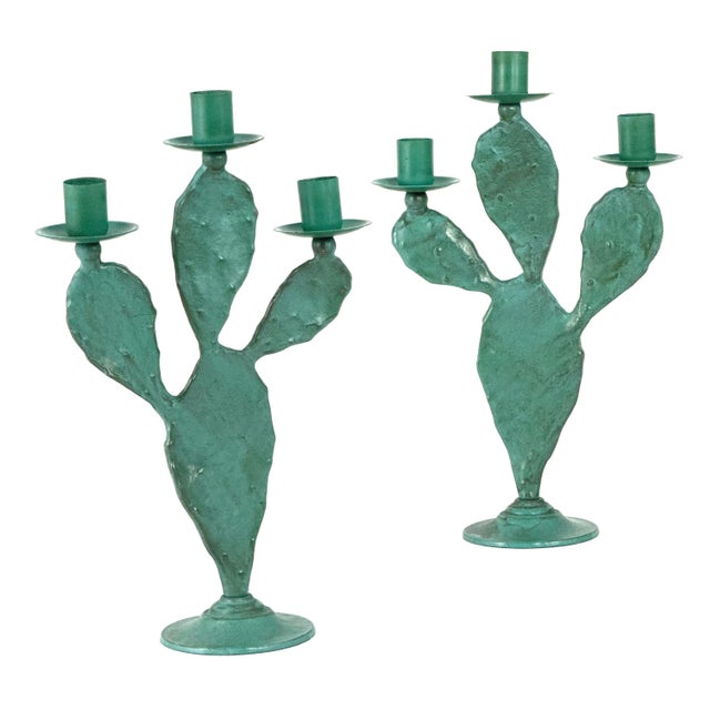 1990s Vintage 1990s Pair of (2) Turquoise Prickly Pear Cactus Candelabras Metal Candle Stick Holders For Sale - Image 5 of 17
