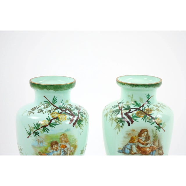 Early 20th Century French Hand Painted / Decorated Art Glass Pair Vase For Sale - Image 4 of 12