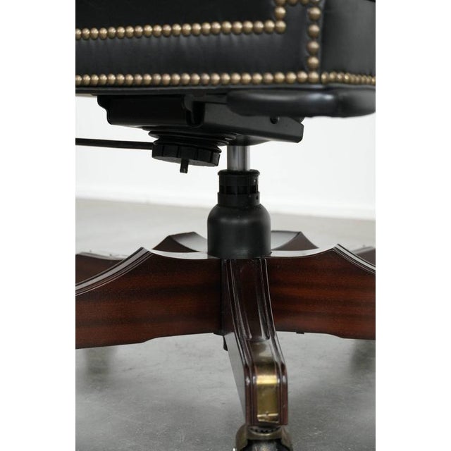 English Style Black Cowhide and Wooden Chesterfield Swivel Office Chair For Sale - Image 12 of 18