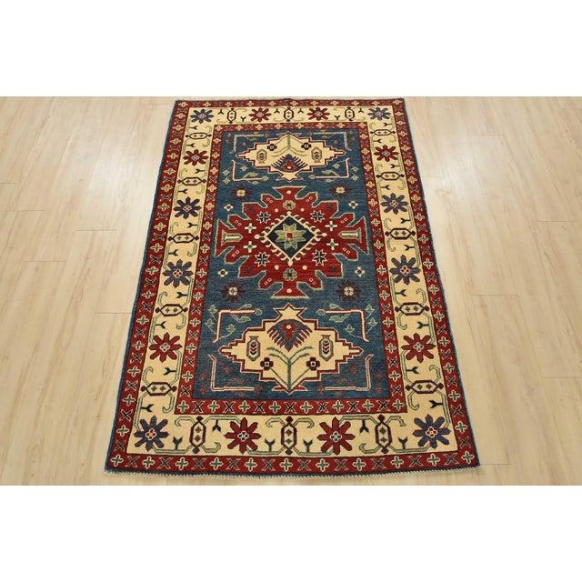 Farmhouse Kazak Rug 3’11” X 5’11” Blue Wool Tribal Hand-Knotted Oriental Carpet For Sale - Image 3 of 12