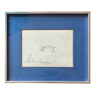 1960s Original Framed Drawing of a Hippopotamus For Sale