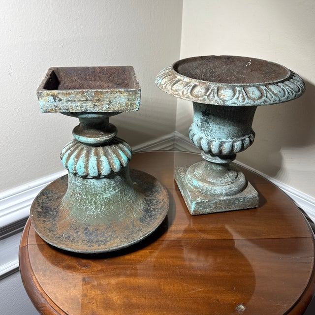 Metal Vintage Pair French Country Cast Iron Verdigris Green Garden Urns Planters For Sale - Image 7 of 8