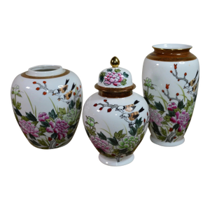 Vintage Kutani Japanese Birds Lotus Flower Porcelainware Vases- Set of 3