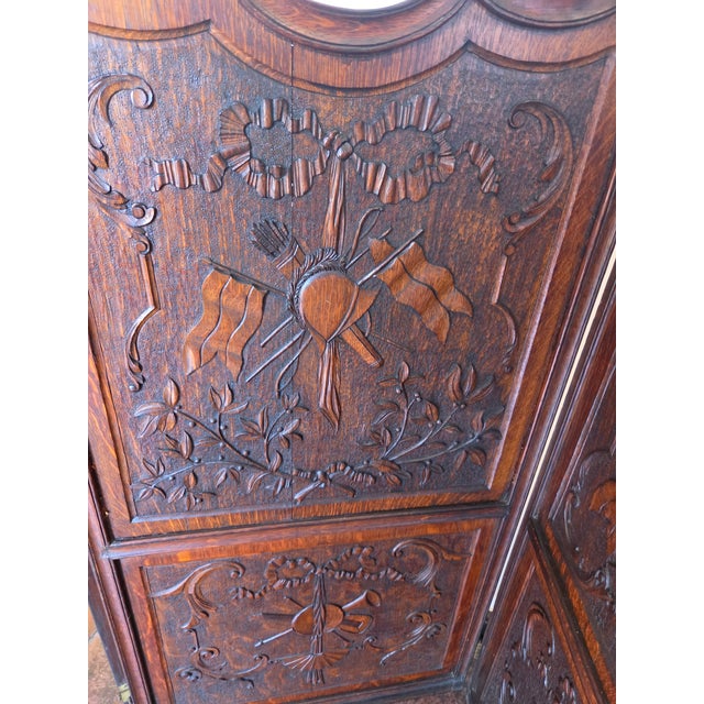 Art Nouveau Three-Panel Hand Carved Oak Screen Military or Musical Dressing Screen For Sale - Image 13 of 13