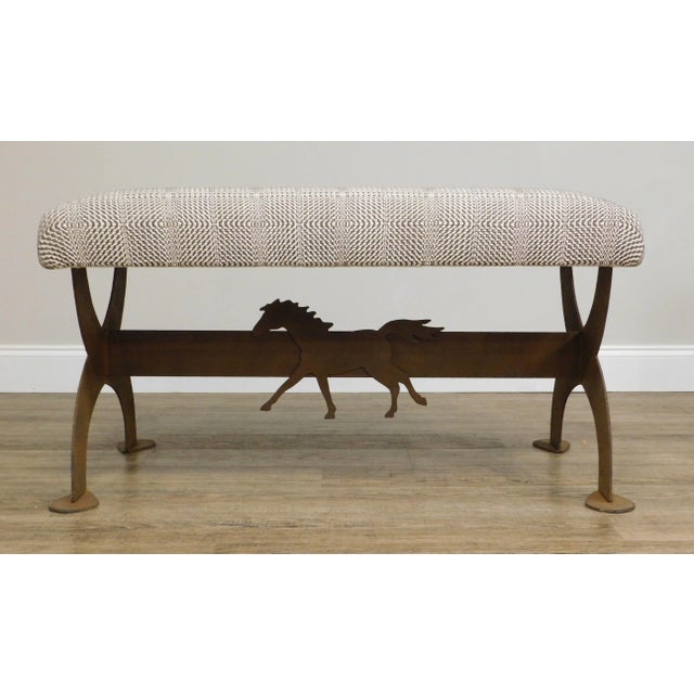 Vintage Weathered Steel X Base Bench With Horse For Sale - Image 9 of 13