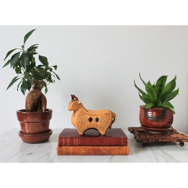 Vintage Ceramic Folk Art Bull Sculpture Coin Bank No makers mark. Minor age wear. No chips or cracks.