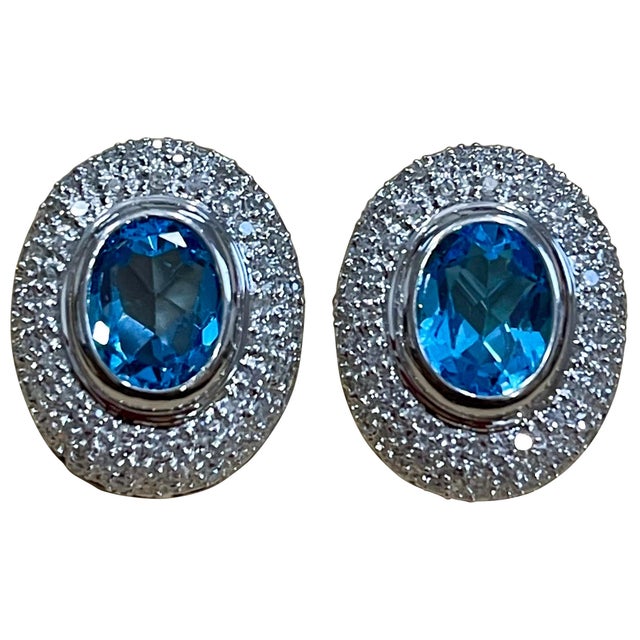 5 Carat Oval Shape Blue Topaz and Diamond Omega Back Clip Earring 14 Karat Gold For Sale - Image 15 of 18
