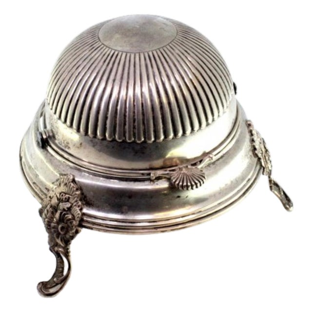 Silver Butter Dish with Glass Core, Fluted Lid, Shell Application and Feet For Sale