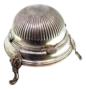 Silver Butter Dish with Glass Core, Fluted Lid, Shell Application and Feet