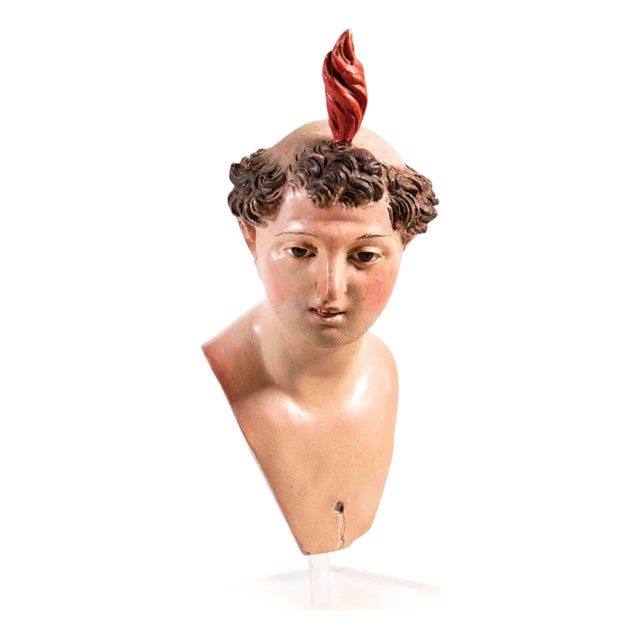 18th Century Polychrome Ceramic Head Sculpture with Glass Eyes For Sale