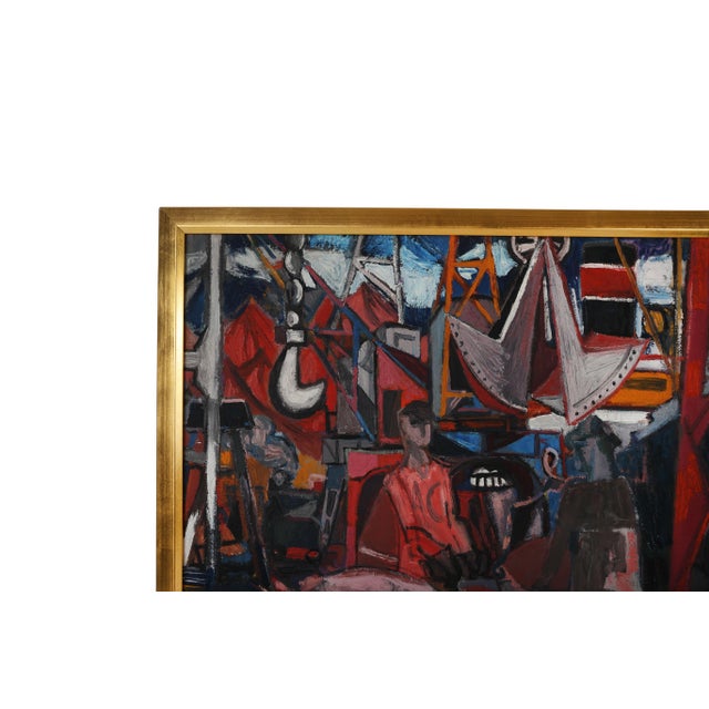 1960s Mid Century Modernist Mechanical Painting on Canvas of the Port of Caen, France For Sale - Image 5 of 10