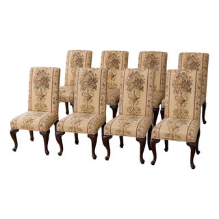 Set of 8 Traditional Carved Mahogany-Finish Dining Chairs With Floral Tapestry Upholstery For Sale