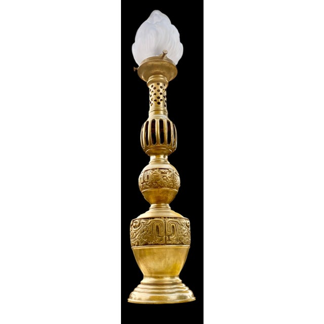 Attributed to James Mont MCM Gilt Brass Candlestick Lamp With Frosted Glass Flame Shade For Sale - Image 9 of 14