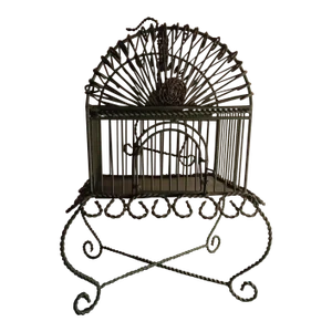 1950s Wrought Iron Green Victorian Scrolled Bird Cage