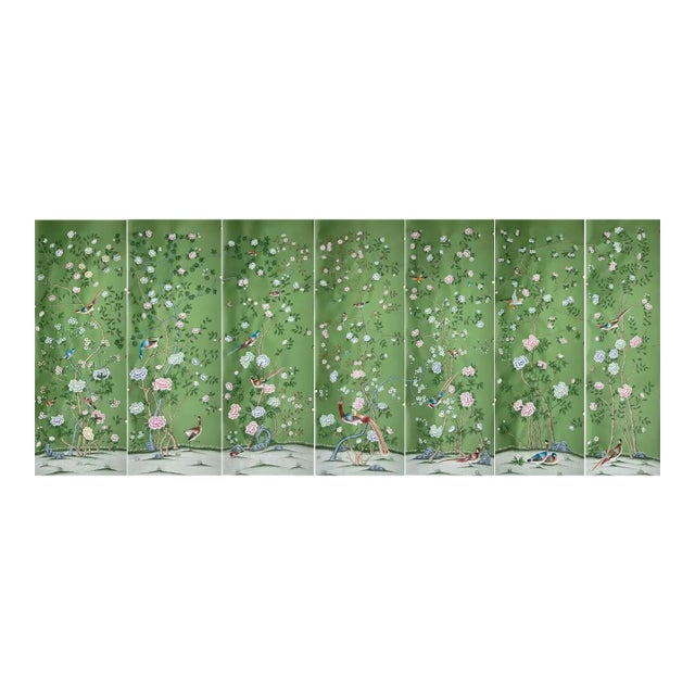Green Chinoiserie Murals Hand Painted Wallpaper Artworks For Sale