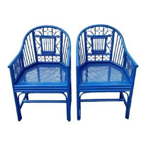 Custom Painted Navy Vintage Gloss Blue Brighton Pavilion Bamboo Rattan Cane Side Chairs- a Pair