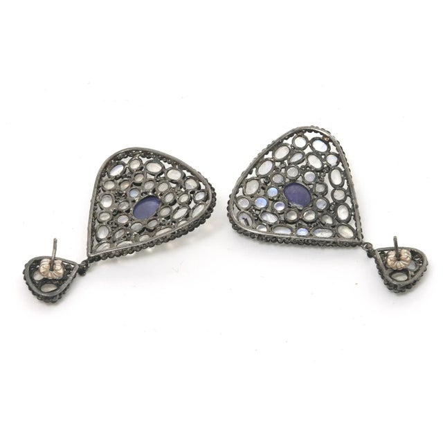 Moonstone, Tanzanite and Black Diamond Dangle Drop Pierced Earrings , Blue Purple For Sale - Image 10 of 10
