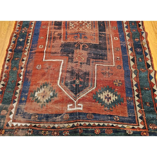 Antique Fachralo Kazak Prayer Rug, Handwoven Wool, Persimmon & Green, 4' x 6' For Sale - Image 13 of 18