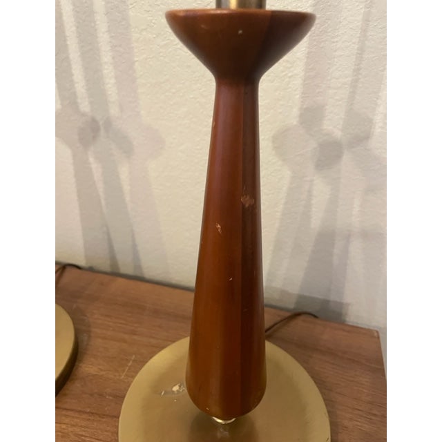 Mid-Century Modern Vintage Rembrandt Walnut Wood and Brass Torchiere Style Lamps - a Pair For Sale - Image 3 of 12