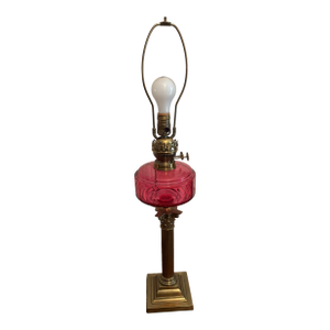 19th Century Lamp With Pink Glass and Brass