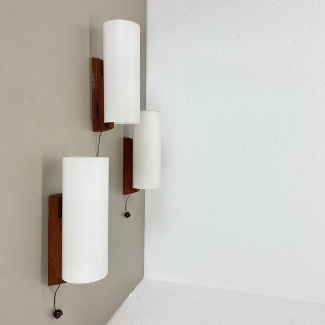 Contemporary Vintage Satin White Glass and Teak Wall Lights, 1960s, Set of 2 For Sale - Image 3 of 18