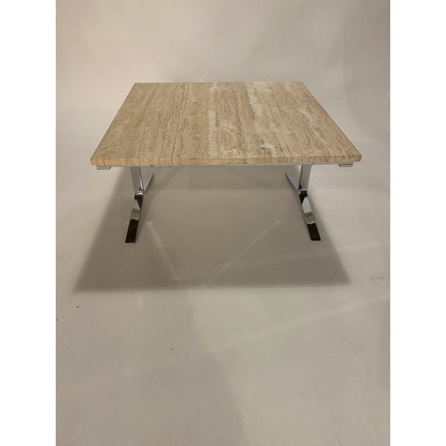 Mid-Century Modern Travertine and Steel Cocktail Table For Sale - Image 3 of 10