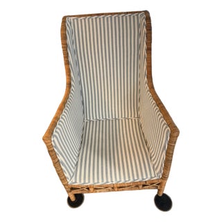 Casa Gusto Wingback "Old Florida" Style, Oversized, Woven Wingback Chair. Padded and Upholstered in Schumacher Fabrics With Very Plump Down Cushions. For Sale