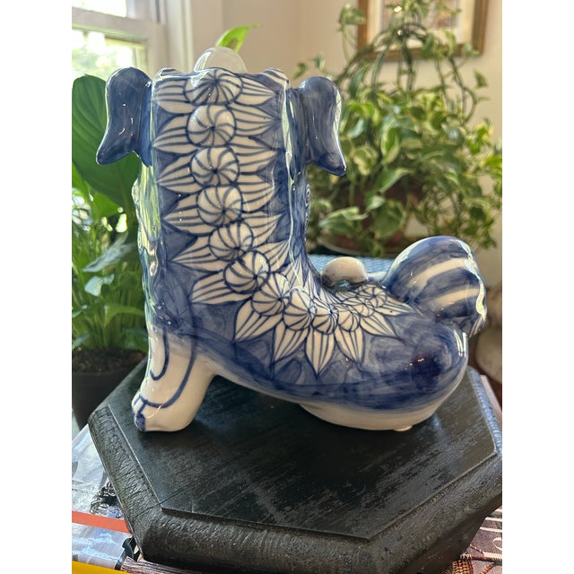 Vintage Chinese Chinoiserie Blue & White Porcelain Foo Dog Guardian Lion on Wood Stand For Sale - Image 4 of 12