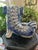 Vintage Chinese Chinoiserie Blue & White Porcelain Foo Dog Guardian Lion on Wood Stand For Sale - Image 4 of 12