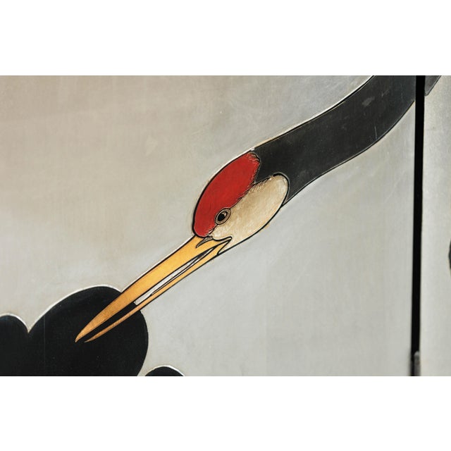 Vintage Chinese Four-Panel Screen with Silver Ground and Hand-Painted Cranes For Sale - Image 4 of 12