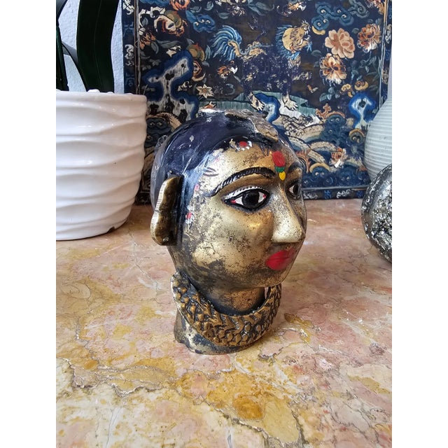 Brass Antique India Painted Brass Hindu Gauri Head Sculptures - a Pair For Sale - Image 8 of 10