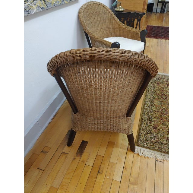 Late 20th Century Wicker & Mahogany Arm Chairs, a Pair For Sale In New York - Image 6 of 11