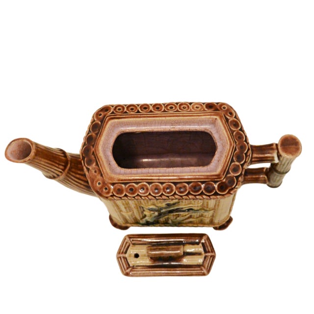 Gold Victorian Majolica Faux Bamboo Teapot With Relief Songbird Motif, Circa 1890 For Sale - Image 8 of 9
