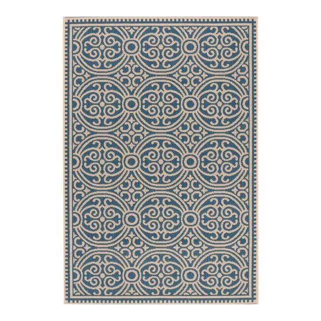 Pool House Indoor Outdoor Rug Cream & Blue 4'x6' For Sale