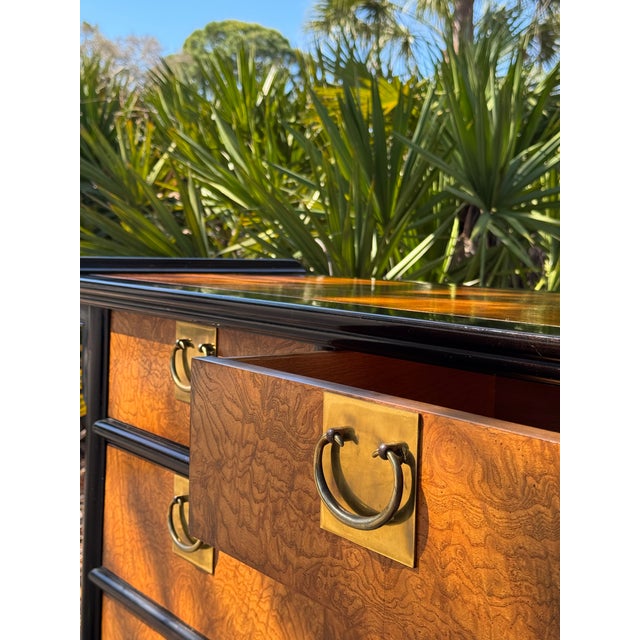 Raymond Sobota 1970s Raymond K. Sobota for Century Furniture Chin Hua Burlwood & Brass Campaign Chest / Dresser For Sale - Image 4 of 13