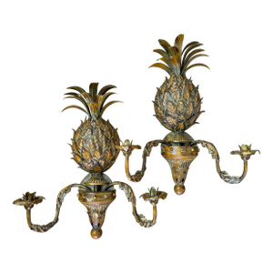 Vintage Palm Beach Tole Pineapple Candle Wall Sconces, Verdigris Brass Patina - a Pair