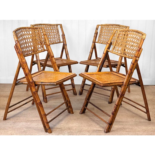 - Original 1970's Coastal Rattan & Wicker Folding Bistro Chairs - Matching Set of 4 - Wonderful Irregular Rattan Shoot...
