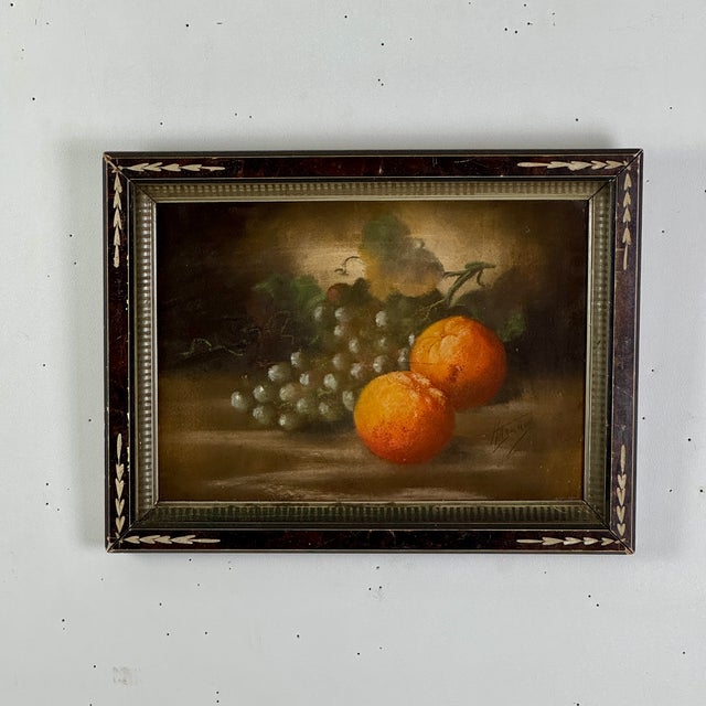 American Antique Signed Oil on Board Still Life Painting of Oranges & Grapes; Wood Frame With Carved Details For Sale - Image 3 of 10