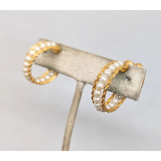 Napier Vintage 1980s Signed Napier Goldtone Faux-Pearl Hoop Clip Earrings-2 Pieces For Sale - Image 4 of 8