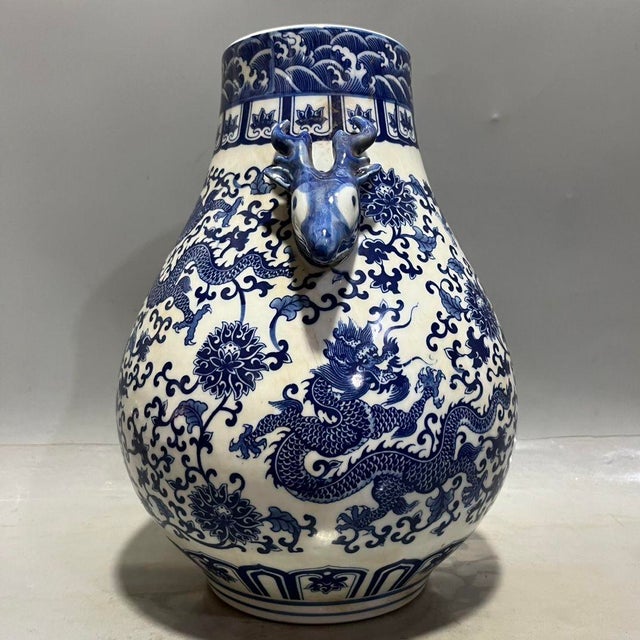 Mid 20th Century Blue and White Porcelain Deer-Head Handle Vase, Dragon & Interlocking Lotus Hu Vase For Sale In New York - Image 6 of 8