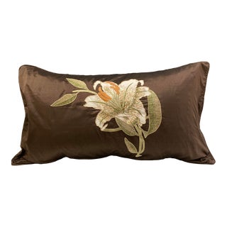 Floral Embroidered Decorative Accent Satin Lumbar Pillow Cover For Sale